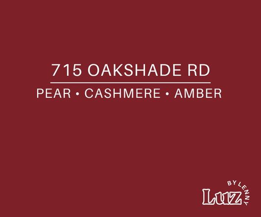 Burgundy label reading “715 Oakshade Rd” and “Pear • Cashmere • Amber,” with ivory lettering and the Luz by Lenny logo.